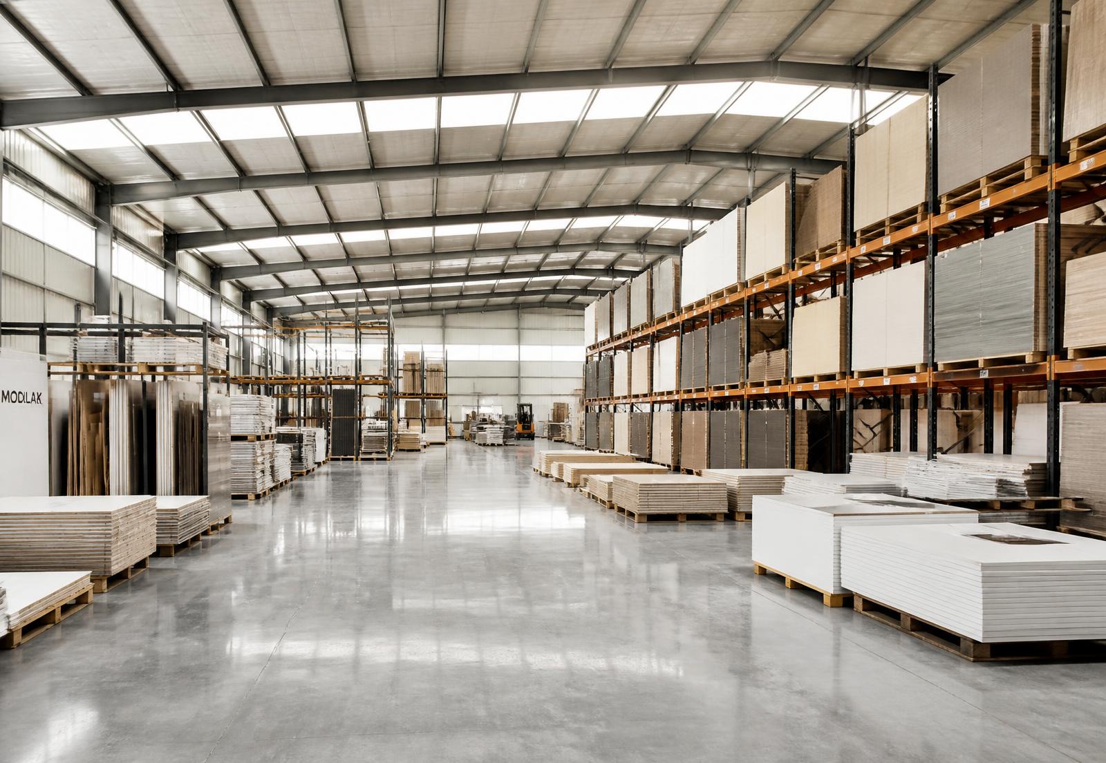 Modern warehouse interior with racking and sealed concrete floor
